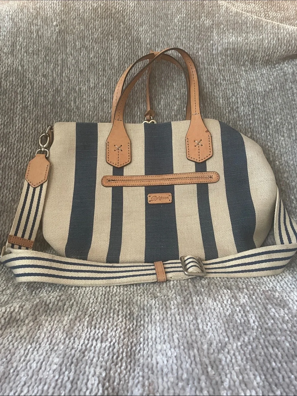 Brighton Blue and Cream Striped Satchel with Tan Trim